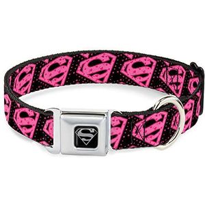 Buckle-Down 9-15"" Diagonaal Superman Logo w/Hearts Zwart/Roze Hond Kraag, L - Fits 15-26"" - 1.0"" Wide, roze