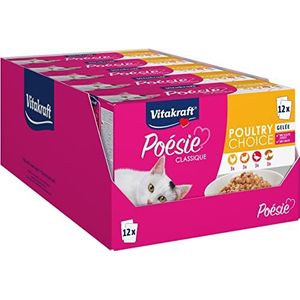 Vitakraft Poésie Classique Poultry Choice natvoer in meerverpakking, heerlijke gelei met kip, met eend voor volwassen katten, 5 stuks (12 x 85 g)