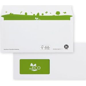beECO Envelop DIN lang (500 stuks), zelfklevende envelop met venster, enveloppen van 100% gerecycled papier, geschikt voor DIN A4-papier, wit, 110 x 220 mm, 80 g/m²