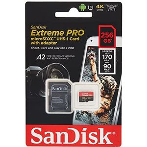 SanDisk Extreme Pro 256 GB microSDXC Memory Card + SD Adapter with A2 App Performance + Rescue Pro Deluxe 170 MB/s Class 10, UHS-I, U3, V30