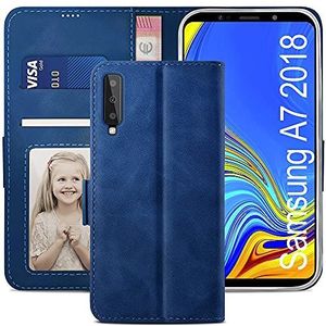 YATWIN Beschermhoes voor Samsung Galaxy A7 2018, beschermhoes van hoogwaardig PU-leer, portemonnee voor Galaxy A7 2018, kaartvakken, magnetische sluiting, compatibel met Samsung A7, blauw