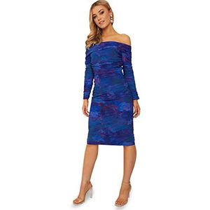 Chi Chi London Vrouwen lange mouw bloemen ruches Bodycon midi-jurk cocktail, Blauw, 34