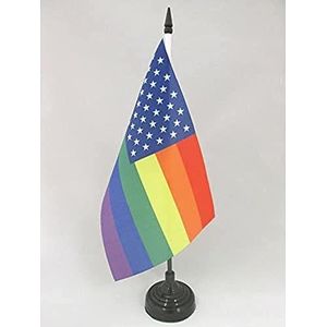 Rainbow USA Tafelvlag 14x21 cm - US - American Gay Pride Desk Vlag 21 x 14 cm - Zwarte plastic stok en voet - AZ FLAG