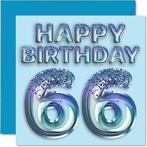 66e verjaardagskaart voor mannen - blauwe glitter feestballon - gelukkige verjaardagskaarten voor 66-jarige man oom opa papa opa gran, 145 mm x 145 mm zesenzestig-zesenzestig verjaardag wenskaarten