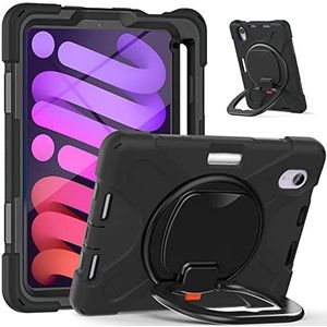 Beschermhoesje voor iPad mini6, Schokbestendige Hybride Tablet-beschermhoes met penhouder & 360 graden draaibare greephouder, duurzame beschermhoes voor iPad 8,3 inch - Zwart + Zwart