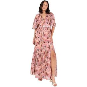 Lovedrobe Maxi-jurk voor dames, cape-mouw, V-hals, ruches, strik, riem, asymmetrische naad, bloemen, A-lijn, bruiloft, gast gelegenheid, blush roze 12, Blush Roze, 38