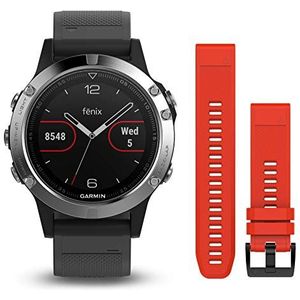 Garmin Fenix 5 - Multisport horloge met HR en GPS, 47 mm, Silver Pack 2 bandjes (zwart en rood)