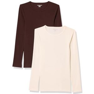Amazon Essentials Dames Slim-Fit gelaagdheid lange mouwen gebreide rib ronde hals (verkrijgbaar in grote maten), Pack van 2, eierschaal wit/espresso, XL