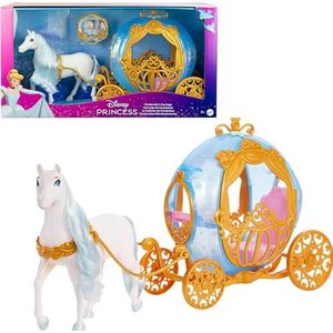 Mattel Disney Prinses Assepoesters rijdende Koets, met goudkleurige details en wit paard met kambare manen en staart, geïnspireerd op de Disney film, HYM33