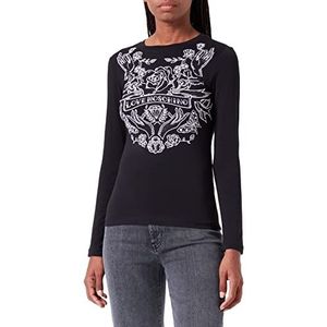 Love Moschino Dames Tight-Fitting Lange Mouwen Rose and Hand Print met Transparant Rhinestones T-shirt, zwart, 40