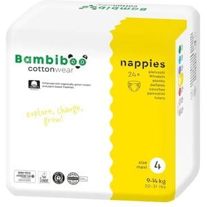Bambiboo Babyluiers maat 4, maxi (9-14 kg), katoenen wegwerpluiers met biologisch katoen en plantaardige materialen met vochtindicator, 24 stuks