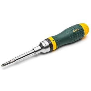 SATA ST09350 19-in-1 multifunctionele ratel schroevendraaier set met 8 dubbelzijdige bits en een groen en geel oliebestendig handvat