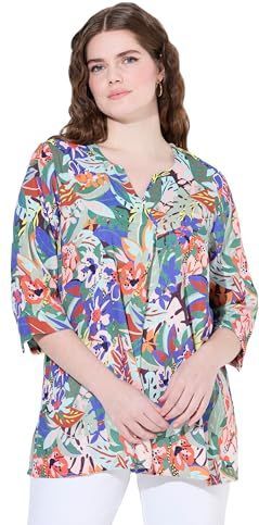 Ulla Popken Dames grote maten plus size linnen mix-blouse, A-lijn, tuniekhals, 3/4-mouw 837717, hemelsblauw, 42-44