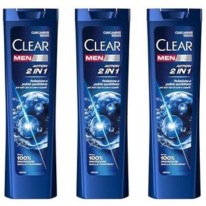 Clear Men Anti-Roos Shampoo voor alle haar- en hoofdhuidtypes Action 2in1 biedt tot 100% bescherming tegen roos* 3 x 225 ml