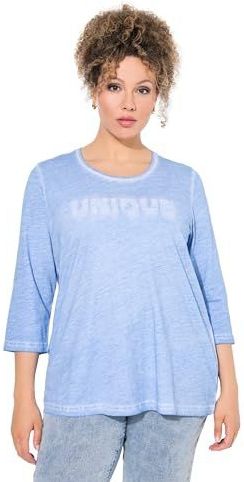 Ulla Popken - Shirt - Pastelblauw/Wit - Driekwart Mouw - Ronde Hals