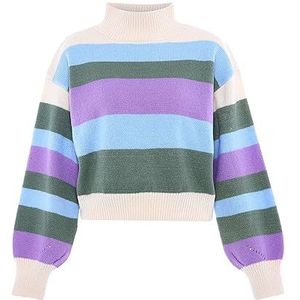 Libbi Dames Kleurrijke gestreepte trui met opstaande kraag Polyester Veelkleurige Strepen Maat M/L, Meerkleurige strepen, M