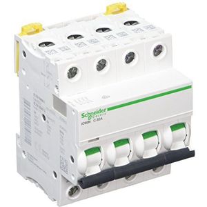 Schneider Electric A9F74432 IC60N Stroomschakelaar, Acti9, C-kromming, 4P, 85 mm hoogte x 72 mm breedte x 78,5 mm diepte, 32 A stroom, 50/60 Hz, wit