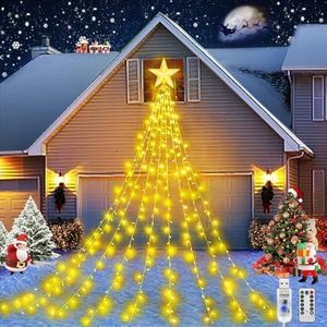 JIMACRO Kerstboomdecoratie voor buiten, 9 stuks, 2 m, lichtslinger, 8 modi, 198 leds, waterdichte USB-led-kerstboomverlichting met topper, ster voor kerstboom, tuin, feest, festival