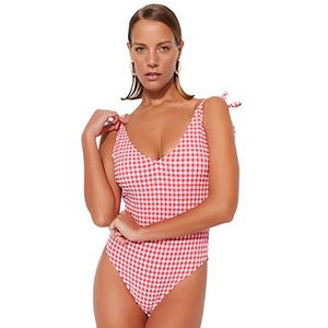 Trendyol Dames Plaid Knit Badpak, Rood-Veelkleurig, 40, Rood-veelkleurig, 44