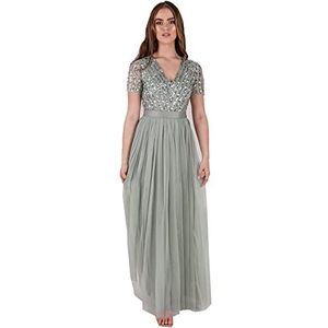 Maya Deluxe Maxi-jurk voor dames, bruidsmeisje, V-hals, baljurk met korte mouwen, lang, elegant, empire-taille, bruiloft, Groene Lelie, 32