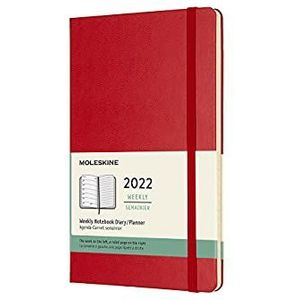 Moleskine 12 maanden dagplanner 2022, dagkalender 2022, vaste omslag en elastische sluiting, formaat groot 13 x 21 cm, kleur scharlakenrood, 400 pagina's