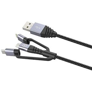 Tiger kabel Micro USB + Lightning stekker Mfi + type C 1,2 m grijs