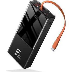 Baseus Power Bank 20.000 mAh, powerbank PD 65 W USB C met geïntegreerde oplaadkabel, powerbank laptop QC 3.0 Quick Charge externe accu met led-display voor iPhone, MacBook, Samsung, Lenovo Huawei