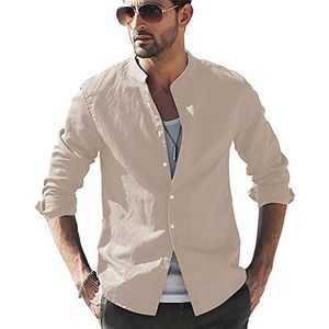 LVCBL Henley Overhemd voor heren, met lange mouwen, vrijetijdshemd, linnen overhemd, regular fit, 02 kaki, L