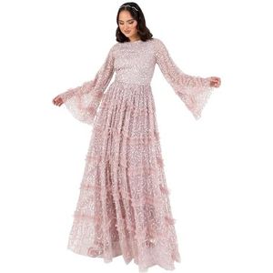 Maya Deluxe Maxi-jurk voor dames, bescheiden ronde hals, lange klokmouwen, pailletten, gelaagde ruches, A-lijn, bruidsmeisje, gala, Frosted Roze, 42
