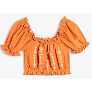 Koton Meisjes's Crop Ruffle geborduurd Shirred Detail Blouse met korte mouwen, oranje (207), 11-12 Jaar