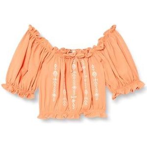 Koton Meisjes's Crop Ruffle geborduurd Shirred Detail Blouse met korte mouwen, oranje (207), 5-6 Jaar