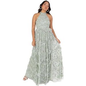 Maya Deluxe Maxi-jurk voor dames, haltertop, mouwloos, salie, pailletten, versierd met ruches, splitsplit, A-lijn, avondbaljurk, Groene Lelie, 54