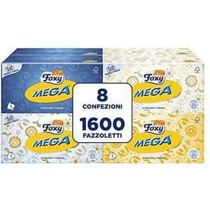 Foxy Mega zakdoeken in doos, 8 dozen met 200 zakdoeken 2-laags, 4 verschillende kleuren, 100% FSC®-gecertificeerd papier, 100% recyclebaar