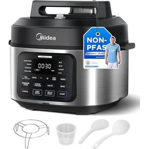 Midea Snelkookpan, 9-in-1, multikoker met 12 functies, 6 l snelkookpan, rijstkoker, stoompan, yoghurtmaker, slowcooker en sous-vide, sauteuse, receptenboek, roestvrij staal