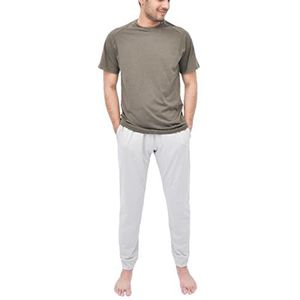 Sleepdown Heren 2-delig Raglan T-shirt met korte mouwen en brede benen onderkant pyjama set loungwear nachtkleding top en broek PJ, Grijze Khaki, S