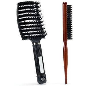 ChouchouFille haarborstel, varkenshaarborstel, professionele gebogen geventileerde kapper haarstylingtools Sneldrogende ontwarrende massageborstels, 2 borstels