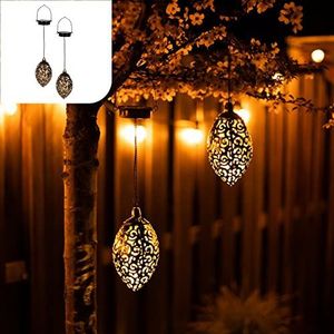 Gadgy Solar Hangende Oosterse Lantaarn set van 2 | Donker Brons/Goud | Metaal | Led buitenverlichting | tuinverlichting op zonne energie buiten | dag/nacht sensor | 52,5 x 10 cm.