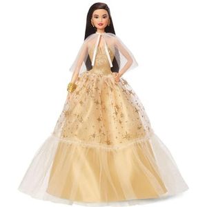 ​Feestelijke Barbie Pop 2023, seizoensgebonden cadeau voor verzamelaars, Barbie Signature, goudkleurige outfit en prachtige vensterverpakking, zwart haar HJX07