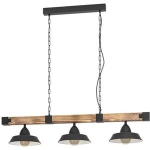 EGLO hanglamp Oldbury, 3-lichts vintage pendellamp in industrieel ontwerp, plafondlamp hangend van staal en hout, kleur zwart, bruin rustiek, E27, 118 cm, FSC-gecertificeerd