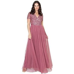 Maya Deluxe Vrouwen V-hals verfraaid V-hals Maxi Jurk Korte Mouw Empire Taille Prom Graduation Bruidsmeisje Bruiloft Gast, Desert Rose, 6