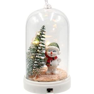 Boomhanger - hanger - bel met sneeuwpop en verlichte dennenboom, sneeuwkind met muts en sjaal in groen en rood, L/B/H 6 x 6 x 11 cm.