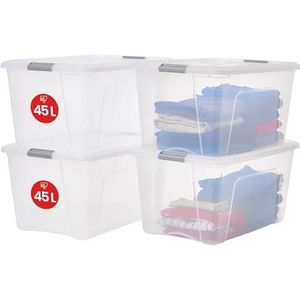 Iris Ohyama, Set van 4 plastic opbergdozen met deksel, Grote stapelbare opbergdozen, 45L, BPA vrij, Wasserij, Kantoor, Transparant/zilveren handgrepen, B39 x D58 x H30 cm