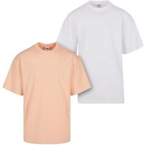 Urban Classics Tall Tee T-shirt voor heren, verpakking van 2 stuks, katoen, geribbelde ronde hals, verkrijgbaar in vele kleuren, maten S-6XL, Softapricot+wit, S