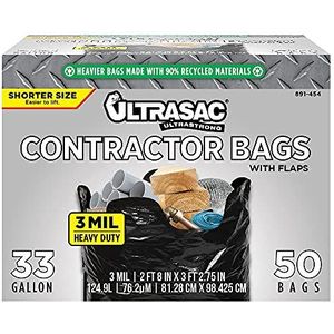 Aluf Plastics 891454 Ultrasac Heavy Duty Professionele Kwaliteit Korte Aannemer Vuilniszak, 33 Gallon capaciteit, 39"" Lengte x 32"" Breedte x 3 mil Dik, Zwart (Case of 50)