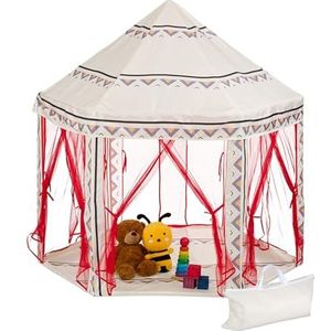 Relaxdays speeltent zeshoekig, voor kinderen, binnen, HBD; 135 x 140 x 140 cm, kindertent met 6 ingangen, crème/rood