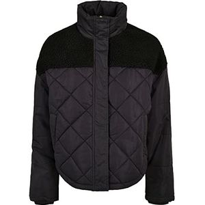 Urban Classics Dames winterjas geruit gewatteerde jas met opstaande kraag & Sherpa element, oversized snit, gewatteerde bufferjas, maat XS tot 5XL, zwart, XXL