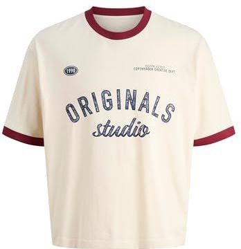 JACK & JONES - Shirt - Crème - Navy - Donkerrood - Katoen - Ronde Hals - Wijde Pasvorm