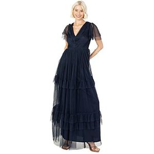 Anaya with Love Dames Maxi Jurk Korte Mouw Avond Baljurk Gelaagd V-hals Strikje Bruidsmeisje Bruiloft Gast Prom Lange, Donkerblauw, 52