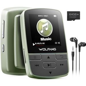 WOLFANG 64 GB MP3-spelers met Bluetooth 5.2, sportclip, mini-formaat, weegt 1 oz, HiF FM-radio, spraakrecorder, inclusief oortelefoons, Militair Groen
