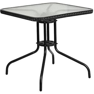 Flash Furniture Balkontafel met glasplaat – rotan tafel voor tuin, balkon, buitengastronomie – klassieke tuintafel met rand van rotan – zwart